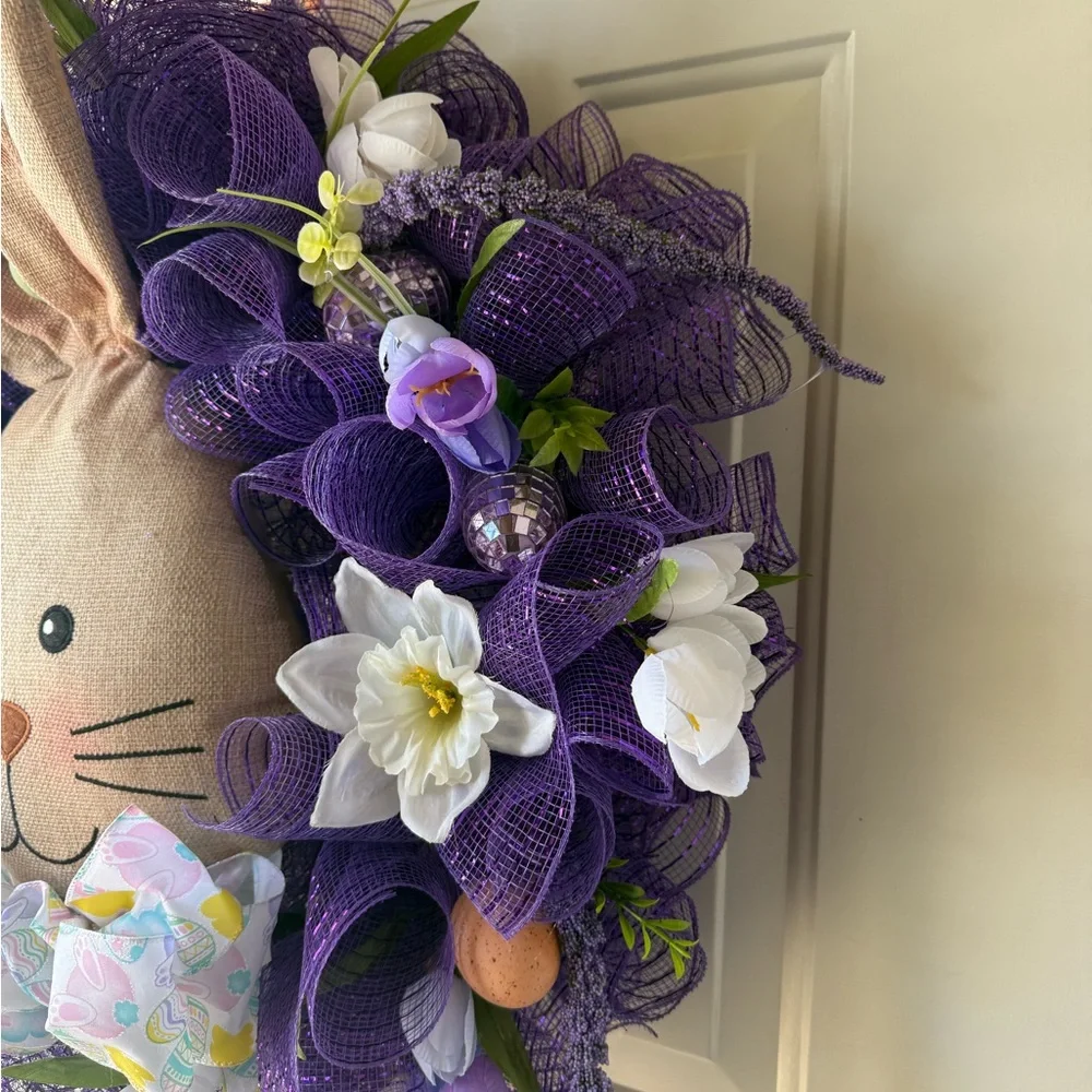 Easter Bunny Wreath with Purple Mesh and Floral Accents